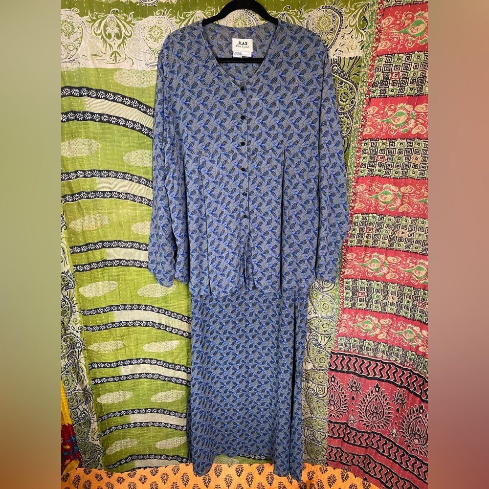 90's Flax Blueberry Georgette Chiffon Sheer Maxi Dress/ Blouse Set Size Medium